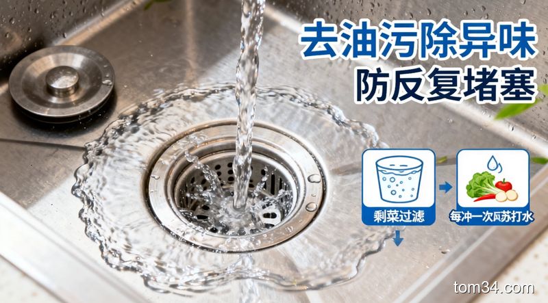 疏通后的厨房水槽，清澈的水流快速顺着下水口流走，旁边摆放2个小提示图标（剩菜过滤、每周冲一次小苏打水），风格：清新明亮，关键元素：配文字标注“去油污除异味”“防反复堵塞”，突出效果持久