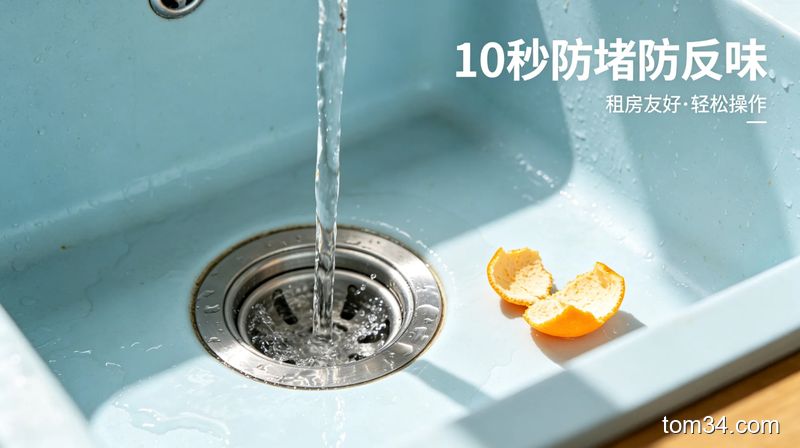 清新明亮生活化风格，出租房厨房水池下水流畅的特写，池边放着小块橘子皮，配文字「10秒防堵防反味」，突出轻松简单易操作，租房友好