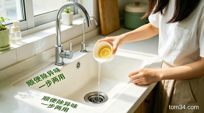 清新明亮出租屋厨房水槽场景，女生将剩余柠檬酸溶液倒入下水口，旁边标注文字&ldquo;顺便除异味 一步两用&rdquo;，生活化真实风格，突出省心便捷