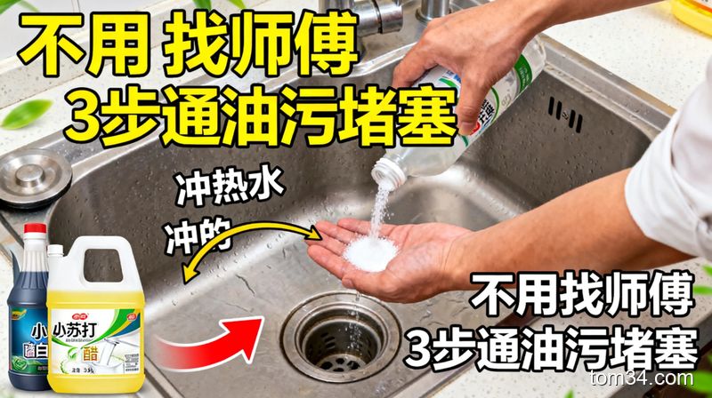 厨房水槽下水道场景，普通人徒手往水槽倒小苏打白醋的动作，旁边配冲热水的示意，标注“不用找师傅 3步通油污堵塞”文字，风格清新接地气，突出操作简单