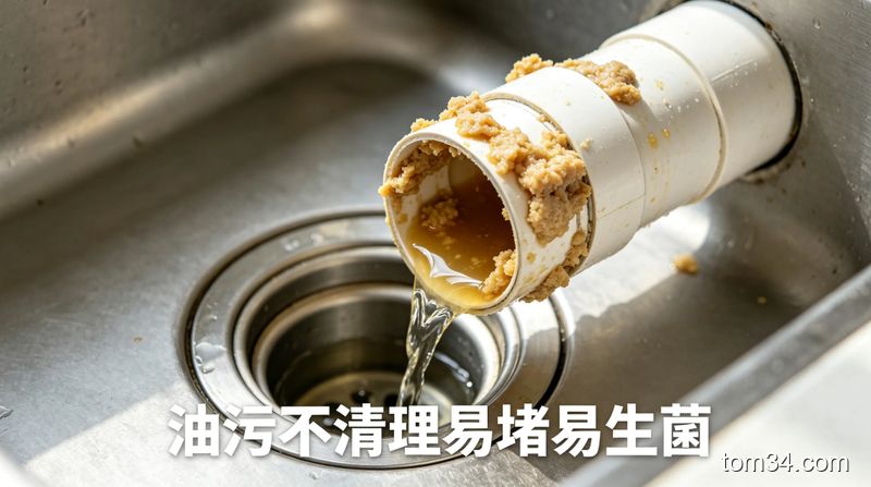 清新明亮生活化风格，厨房水槽下水道场景，特写管道内壁挂着结块油污、排水缓慢的状态，配有文字标注「油污不清理易堵易生菌」，接地气展现日常厨房清洁痛点