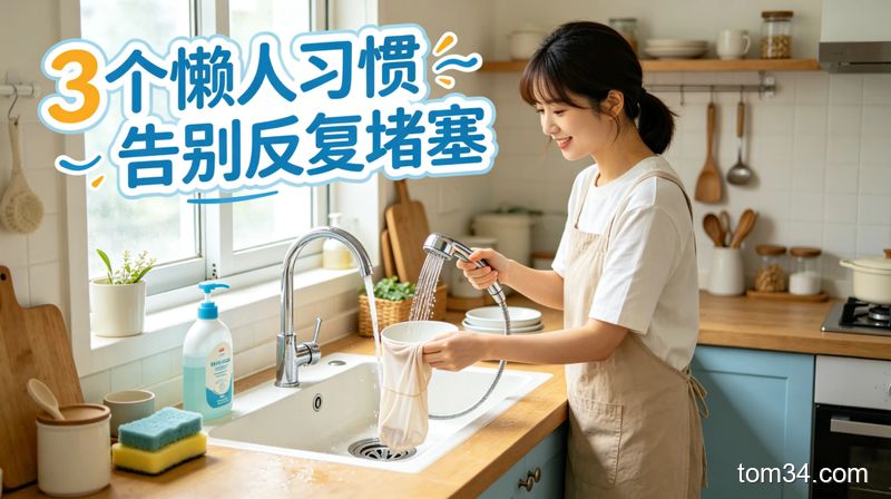 清新明亮生活化普通家庭厨房，博主演示洗碗后冲热水、套旧丝袜在地漏口的简单动作，配文字「3个懒人习惯 告别反复堵塞」，氛围轻松无负担