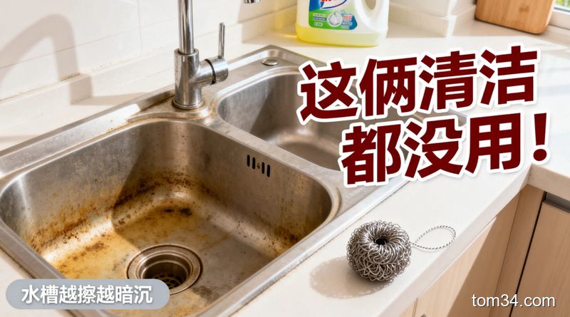 家用厨房，主体是暗淡有水渍的旧不锈钢水槽，旁边摆放着洗洁精和钢丝球，配文字标注「这俩清洁都没用！」，风格清新明亮生活化，突出水槽暗沉的真实状态
