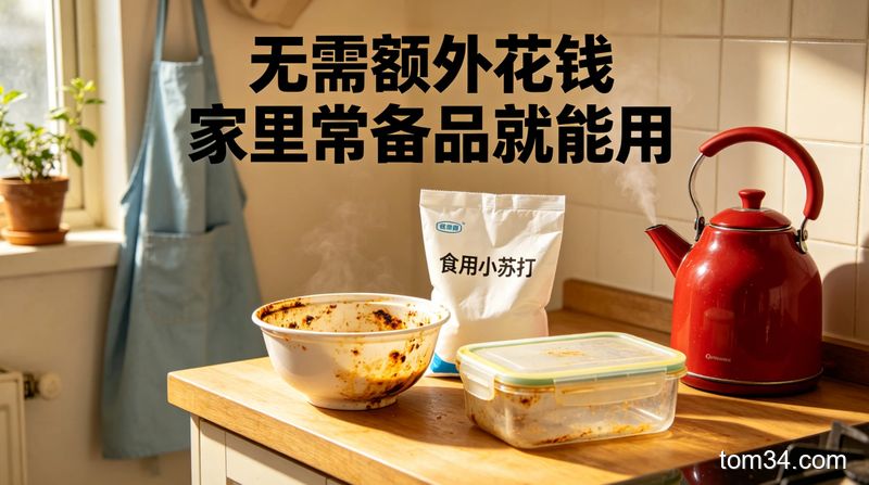 厨房台面上放着带油污的塑料保鲜盒、塑料碗，旁边摆着小苏打、洗洁精等常用清洁用品，阳光洒在台面上充满生活感