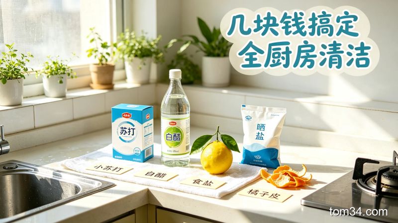 明亮的出租屋厨房场景，台面上放着小苏打、柠檬、白醋等家常清洁用品，整洁干净