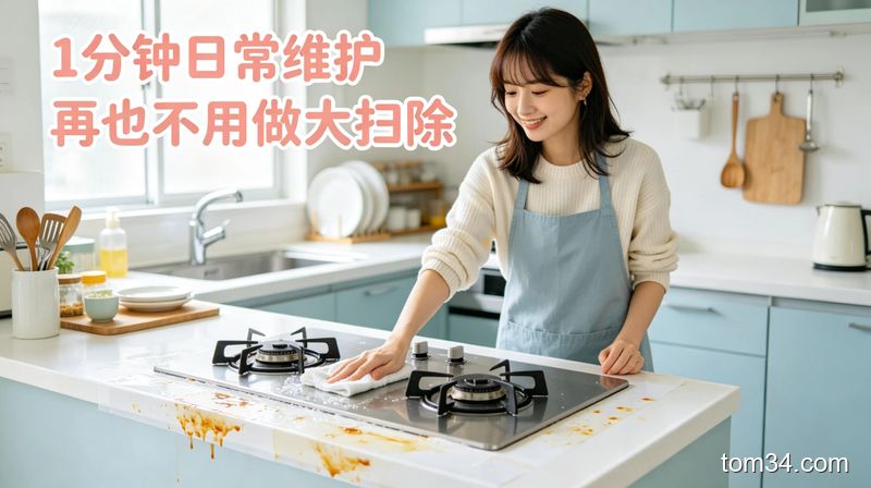 透明可撕防油贴纸贴在灶台墙面的实景图，标注油污清洁日常维护