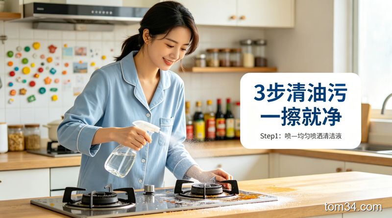 女生用喷壶喷厨房灶台油污，用湿抹布轻松擦拭，灶台光亮无残留