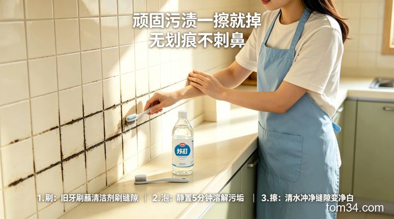 家庭厨房灶台，用小苏打白醋擦拭后光亮无油污，旁边摆着小苏打和白醋瓶