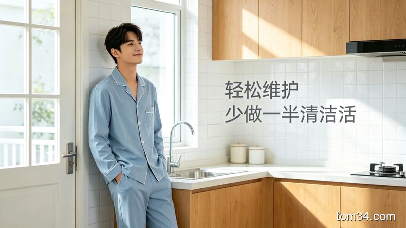 清新明亮生活化厨房场景，打扫完毕的厨房光洁明亮，年轻人靠在厨房门边一脸轻松的样子，搭配文字标注「轻松维护 少做一半清洁活」