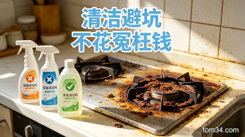 厨房角落堆放着多瓶闲置的劣质清洁剂，旁边放着手部泛红脱皮的特写，标注伤手、残留超标、去污力差3个雷区字样