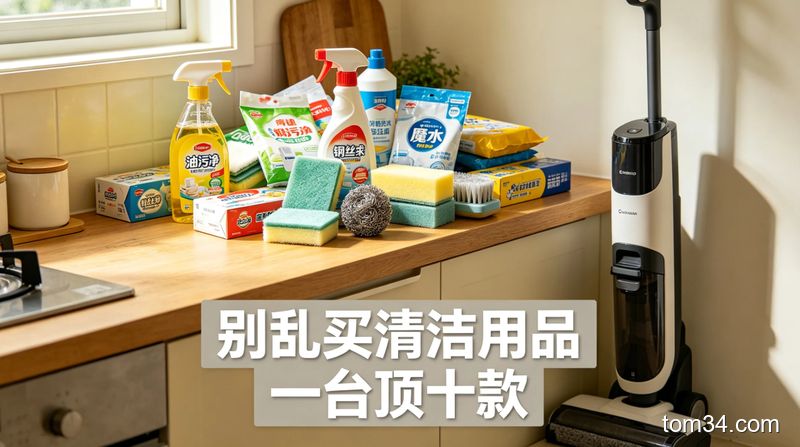 堆满各类清洁用品的杂乱厨房台面对比整洁仅放洗地机的厨房台面