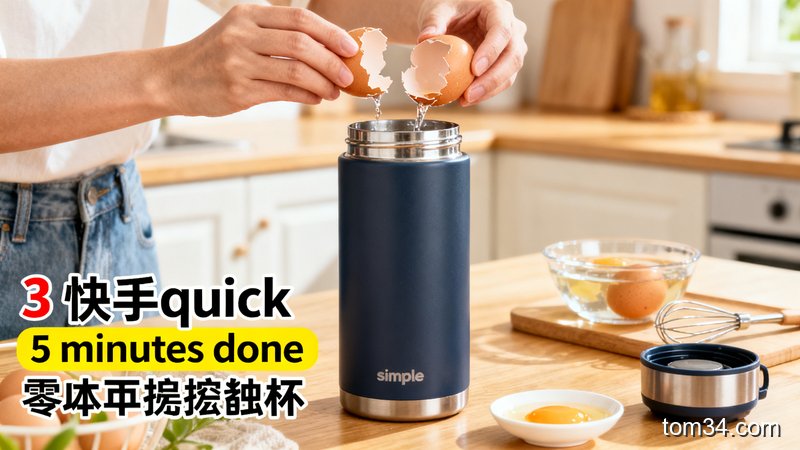 将碎鸡蛋壳倒入保温杯的实操场景，旁边放着带茶垢的旧保温杯