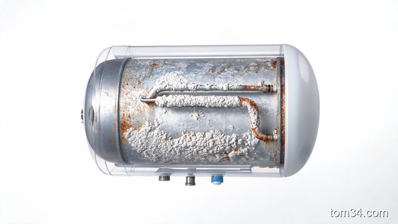 电热水器内部水垢堆积严重,加热棒和内胆覆盖厚厚白色水垢
