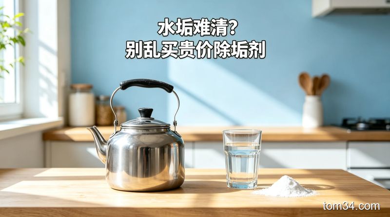 场景：家居厨房桌面，摆放着结满白色水垢的不锈钢烧水壶，旁边放着包装花哨的贵价专用除垢剂；风格：清新明亮生活化；关键元素：配文字标注「水垢难清？别乱买贵价除垢剂」，突出简单、低成本特点