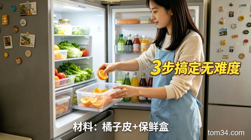 往带污渍的塑料保鲜盒里倒食用小苏打，旁边放着热水壶，对应厨房清洁小苏打泡洗法步骤，画面干净明亮