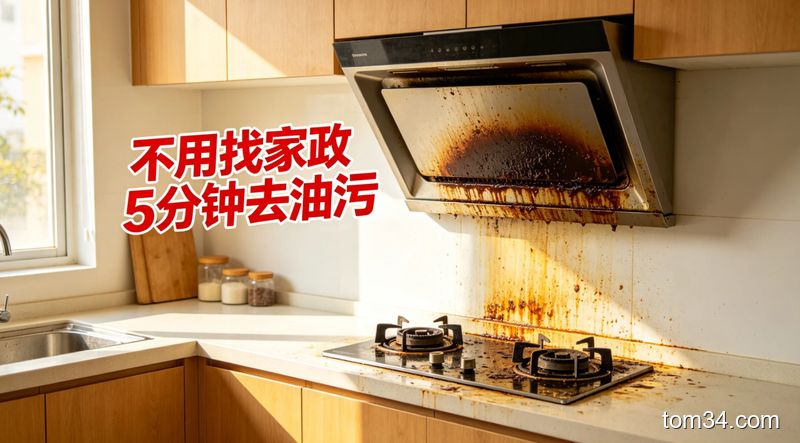 厨房灶台陈年重油污实拍，未清洁状态下的抽油烟机和灶台表面布满黄色油渍