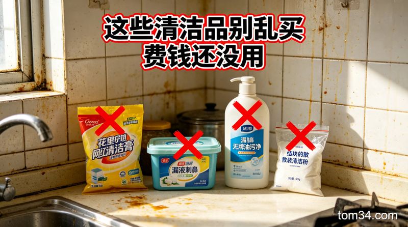 三个被打叉的清洁品：杂牌油污净、网红清洁膏、散装清洁粉，旁边放着禁止的标识