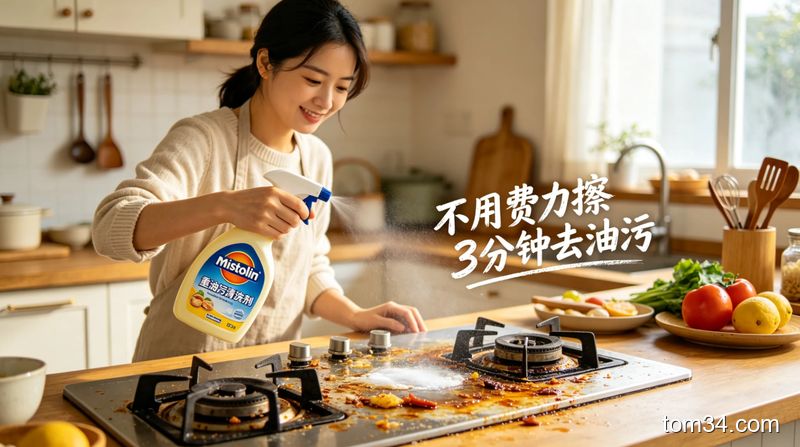 整洁明亮的小型家用厨房，灶台、抽油烟机干净无油污，台面上摆放着少量清洁用品