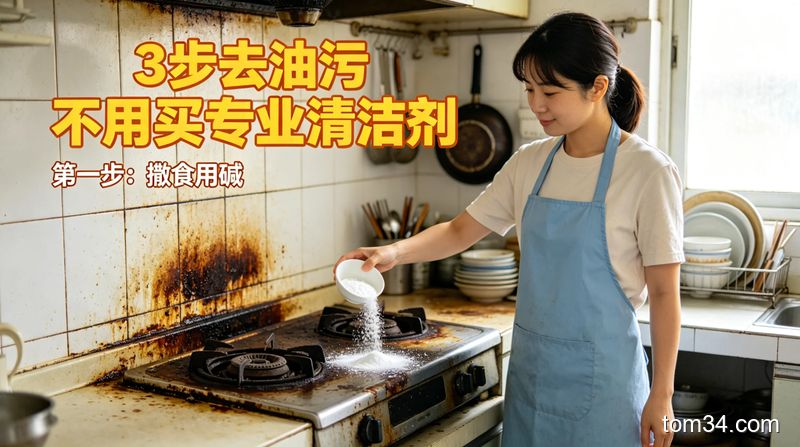 油污清洁实操图，女生用食用碱擦拭灶台，油污一擦即净，台面亮洁