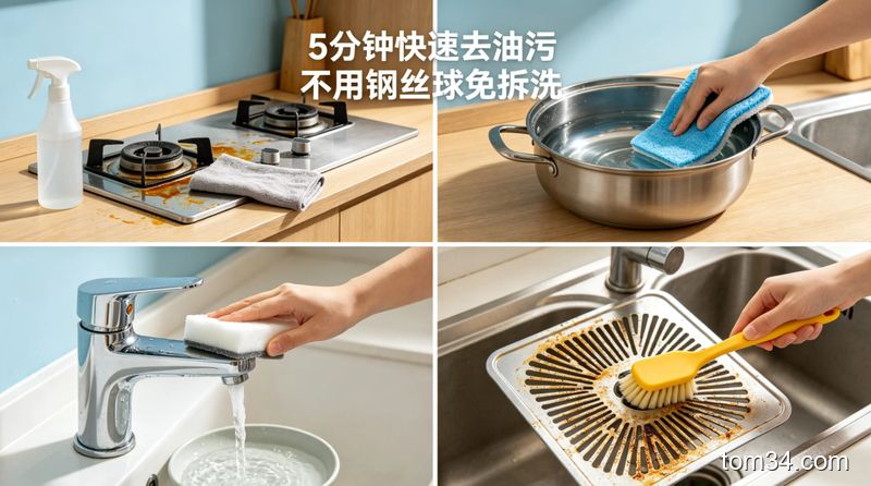 厨房灶台、不锈钢锅、水龙头、油烟机滤网四个区域的分屏展示，每个区域都有简单的清洁操作示意，风格：清新明亮、生活化，文字标注：5分钟快速去油污 不用钢丝球免拆洗，主体动作：用抹布擦灶台、用百洁布擦锅等简单动作，突出易操作