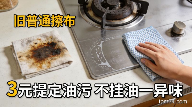 清新明亮厨房台面场景，左侧放着沾了油污的旧普通抹布，右侧手拿着干净的鱼鳞布擦拭灶台，擦过的区域无任何水痕油渍，配文字标注「3元搞定油污 不挂油无异味」，生活化风格，突出平价好用