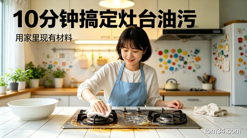 整洁的普通家庭厨房台面，清新明亮生活化风格，连贯展示3个核心动作：1. 用勺子取面粉、洗洁精加温水搅拌成糊 2. 把糊抹在灶台油污处 3. 静置后用湿抹布一擦油污全掉，配文字“10分钟搞定灶台油污”，标注“用家里现有材料”