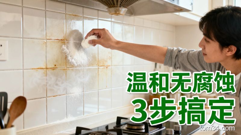 明亮厨房内，墙面瓷砖上有轻薄油雾，普通人手持干面粉撒在油污处的清洁动作，旁边配