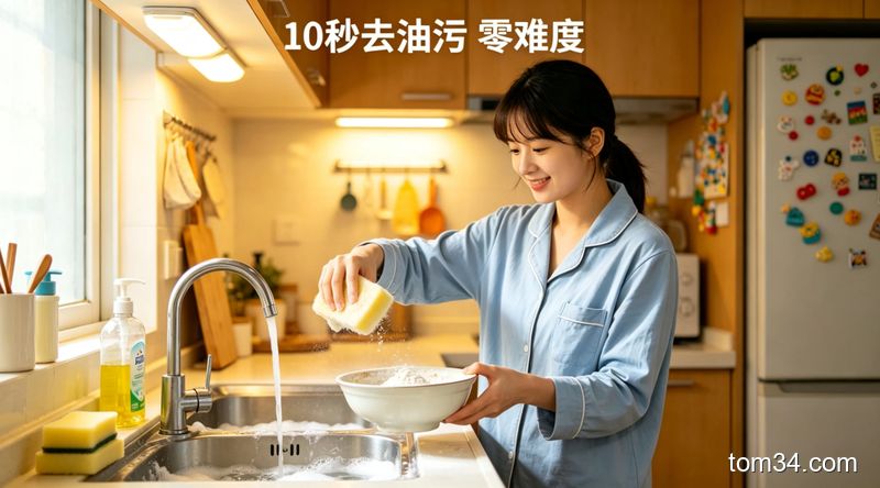 温水中加入小苏打和白醋浸泡一堆餐后碗碟的厨房清洁场景