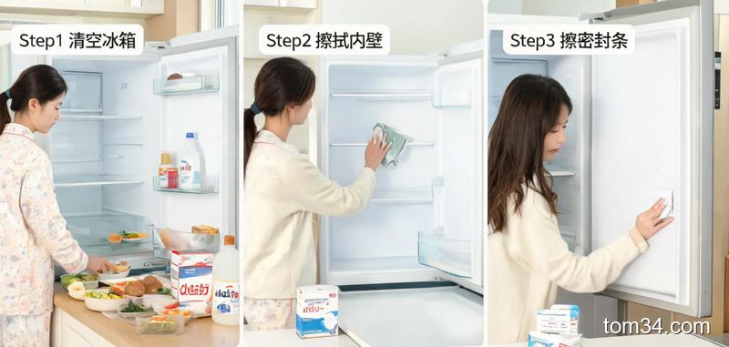 厨房台面场景，普通人用家中常备的小苏打、白醋、酒精棉片三步清洁冰箱，动作依次为清空冰箱、擦拭内壁、擦密封条，配文字标注「15分钟搞定 零成本不用买专用清洁剂」，风格明亮清新，突出简单快手操作
