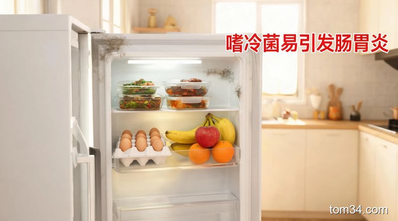 明亮居家厨房场景，打开的冰箱内部可见混放的剩菜、鸡蛋、瓜果，内壁有轻微霉斑污渍，配醒目文字标注「嗜冷菌易引发肠胃炎」，风格清新生活化，真实接地气