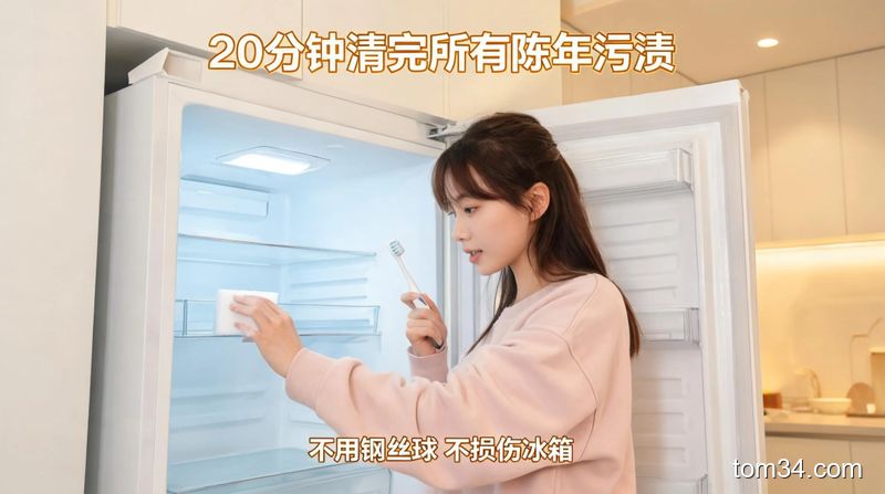 打开的家用冰箱前，女生轻松用纳米海绵擦洗冰箱玻璃隔板、用牙刷刷密封胶条沟槽，动作简单不费力，明亮温馨生活化风格，画面配有文字标注「20分钟清完所有陈年污渍」「不用钢丝球 不损伤冰箱」