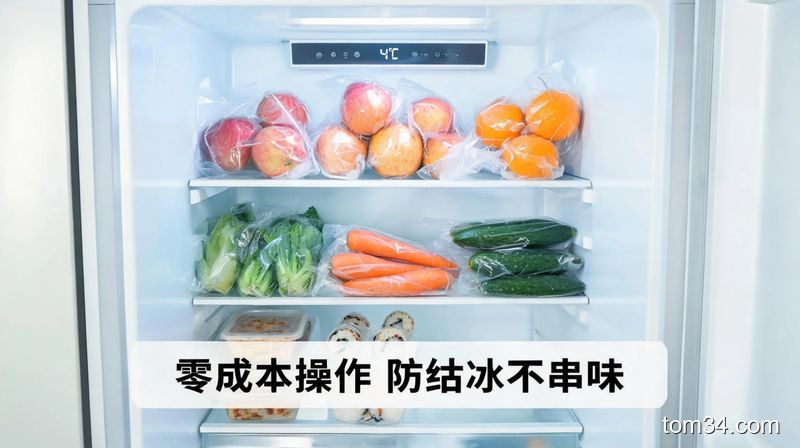 整洁分类的冰箱内部,食物都套着保鲜袋摆放,温度面板显示合适的温度数值,配文字标注'零成本操作 防结冰不串味'