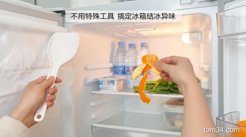 清新明亮生活化风格,普通家用租房冰箱场景,一只手用塑料饭铲轻铲冰箱内壁薄冰,另一只手把橘子皮放进冰箱层架,配文字标注「不用特殊工具 搞定冰箱结冰异味」,场景真实不夸张