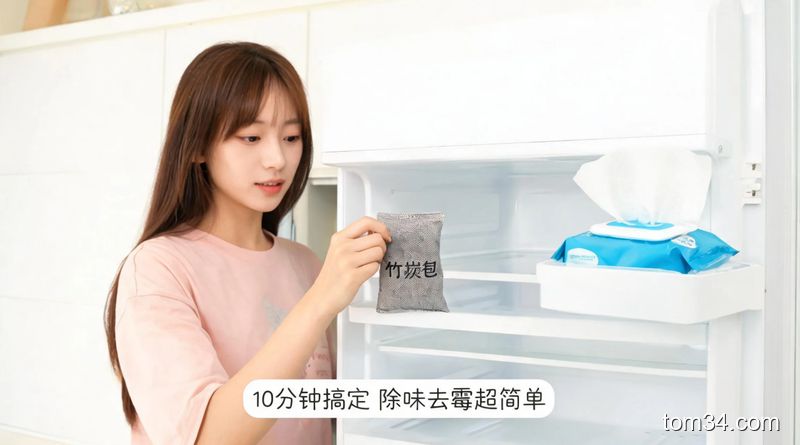 打开的家用冰箱前,女生随手把竹炭包放进冰箱冷藏层,旁边放着擦完密封条的酒精湿巾,配文字标注'10分钟搞定 除味去霉超简单'