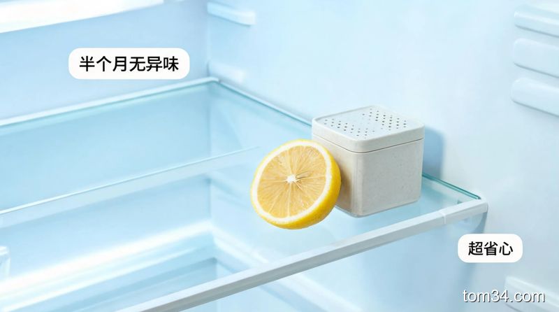 场景:干净整洁的冰箱内部,主体:冰箱角落放着切半的柠檬和装茶叶的透气小盒,风格:清新明亮生活化,关键元素:带文字标注「半个月无异味」「超省心」