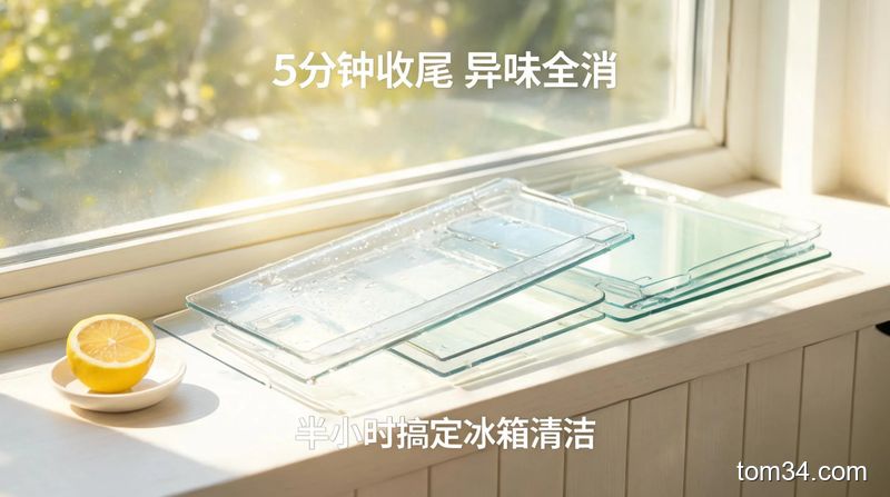 窗边明亮场景，干净的冰箱储物格、玻璃隔板放在阳光下晾晒，旁边摆着半块准备放入冰箱的柠檬，清新治愈风格，画面配有文字标注「5分钟收尾 异味全消」「半小时搞定冰箱清洁」
