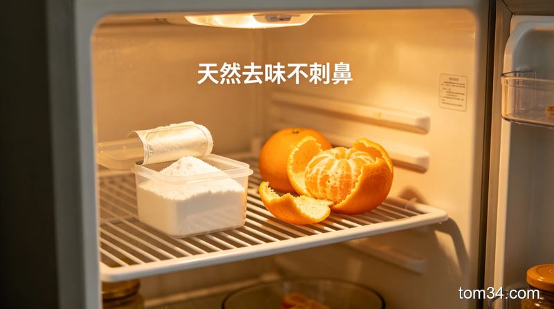 打开的家用冰箱内部场景，层架上放着装小苏打的敞口小盒和新鲜橘子皮，配文字「天然去味不刺鼻」，温暖生活化风格，突出零成本无化学添加