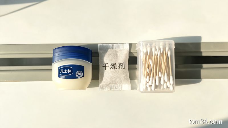 保养后的 冰箱密封条干净如新，旁边放有凡士林和干燥剂，展示防霉保养用品