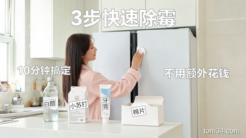 清新明亮生活化厨房场景，台面上摆着白醋、小苏打、牙膏、普通棉片这些家中常见物品，人正用棉片轻松擦拭冰箱密封条缝隙，配有文字标注「3步快速除霉」「10分钟搞定」「不用额外花钱」