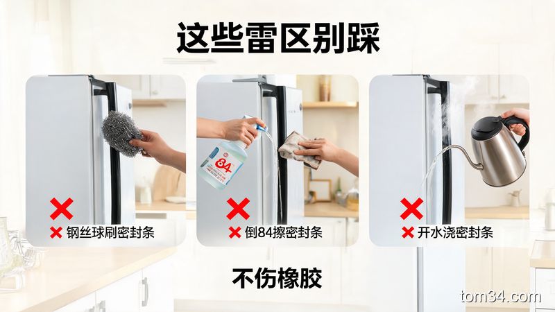 清新明亮生活化厨房场景，冰箱旁展示3个画红叉的错误操作：钢丝球刷密封条、倒84消毒液擦密封条、开水浇密封条，配有文字标注「这些雷区别踩」「不伤橡胶」