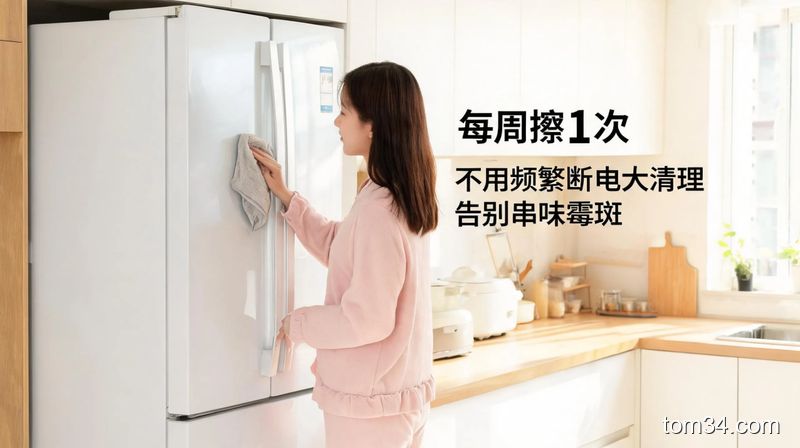 清新明亮生活化居家场景，普通人花1分钟用干抹布快速擦拭冰箱密封条，旁侧配文字「每周擦1次 不用频繁断电大清理 告别串味霉斑」，突出轻松维护低负担