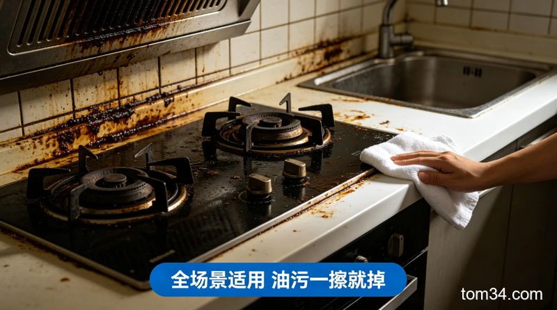 清新明亮生活化厨房场景，分别展示灶台、油烟机、洗碗池、瓷砖墙面的清洁前后对比图，配文字标注“全场景适用 油污一擦就掉”