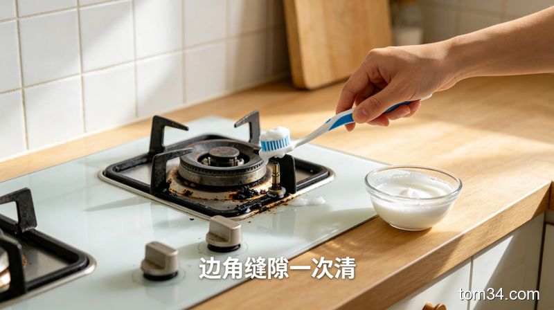 清新明亮厨房场景，用旧牙刷蘸洗洁精+牙膏混合物刷洗燃气灶打火针周边黑垢，刷洗后的部位干净发亮，配文字标注“边角缝隙一次清”，突出效果好易操作