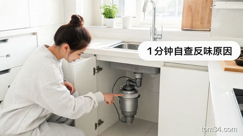 清新明亮生活化厨房场景，业主站在水槽边查看垃圾处理器，旁边配文字标注「1分钟自查反味原因」，突出简单、零成本、无需额外工具的特点