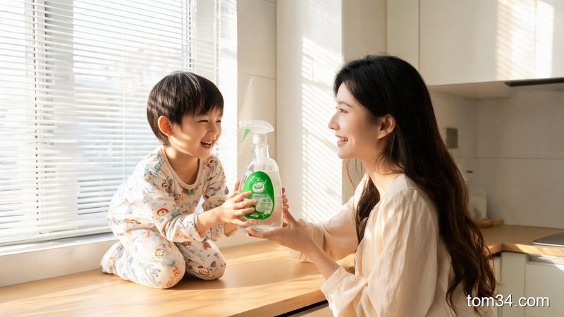 温和不刺激清洁剂家庭使用 场景，妈妈带着孩子一起安全清洁厨房，无刺鼻气味