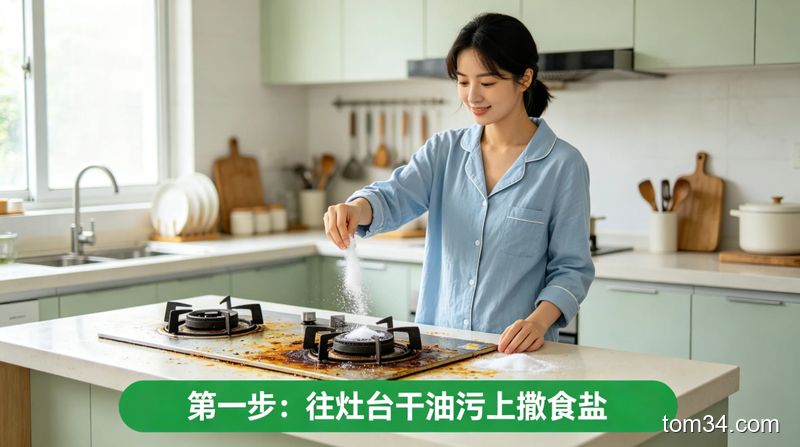 女生用撒了食盐的温抹布擦拭灶台油污，擦拭后的灶台光亮整洁无残留