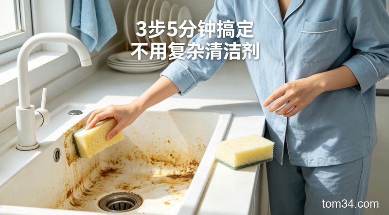 厨房水槽旁摆放高密度海绵擦和清洁钢丝球，对比展示擦拭前后的水龙头水垢状态