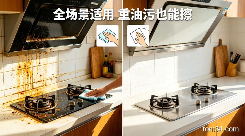 清新明亮生活化对比场景，左侧是沾满油污的灶台、油烟机、瓷砖缝隙脏污状态，右侧是擦完后的洁净状态，加文字标注「全场景适用 重油污也能擦」，突出清洁效果