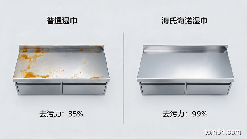 海氏海诺湿巾去油效果对比信息图,去污力数据可视化