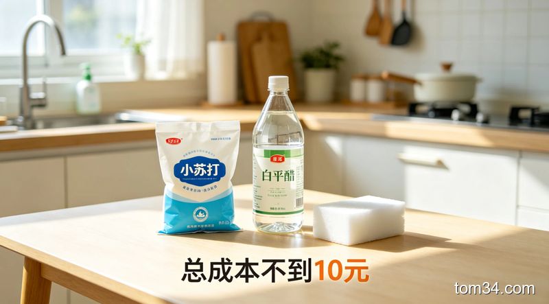 小苏打、食用白醋、纳米海绵三款清洁用品摆放在厨房台面上的温馨场景